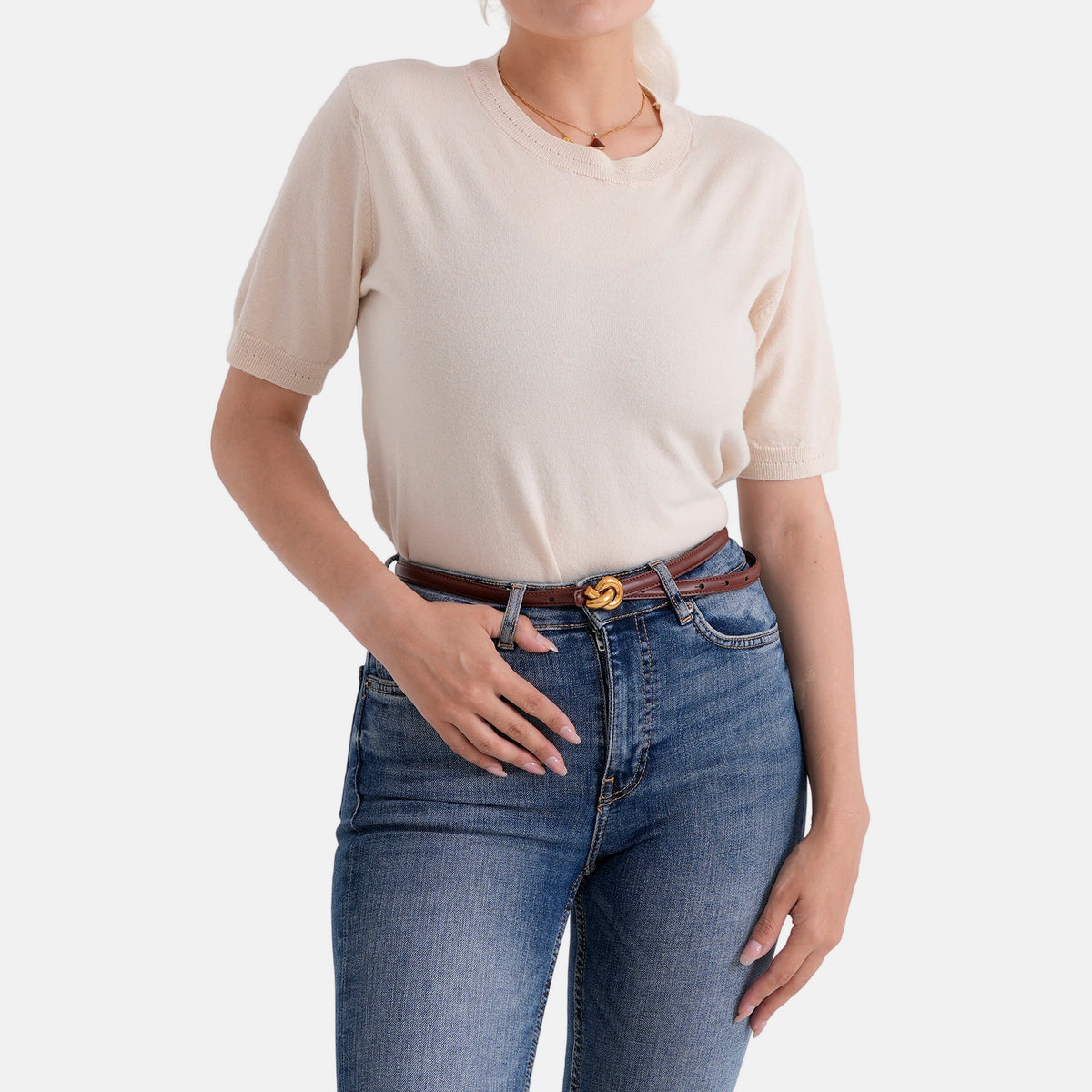 Genuine Leather Skinny Belt with Interlocking Gold Buckle (Size L, 122cm) - Cinnamon Brown V32519886 0