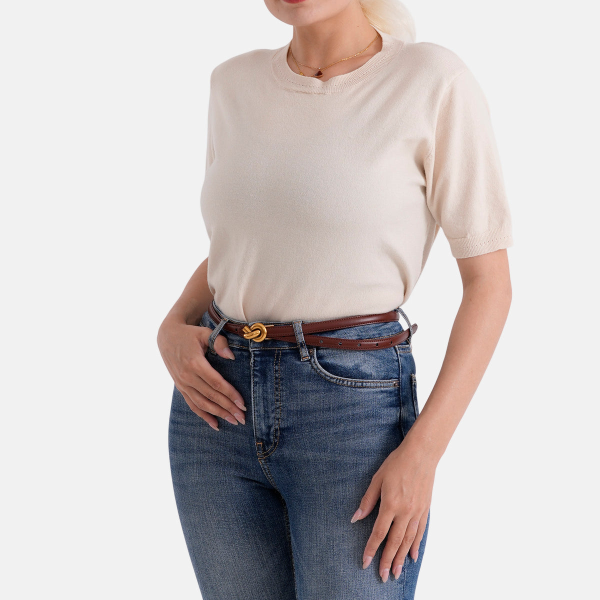 Genuine Leather Skinny Belt with Interlocking Gold Buckle (Size L, 122cm) - Cinnamon Brown V32519886 2