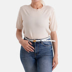 Genuine Leather Skinny Belt with Interlocking Gold Buckle (Size M, 107cm) - White_8526580_1