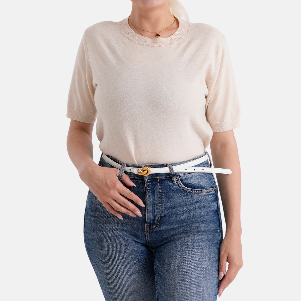 Genuine Leather Skinny Belt with Interlocking Gold Buckle (Size L, 122cm) - White V32519127 2