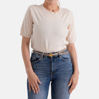 Genuine Leather Skinny Belt with Interlocking Gold Buckle (Size M, 107cm) - Beige_8526582