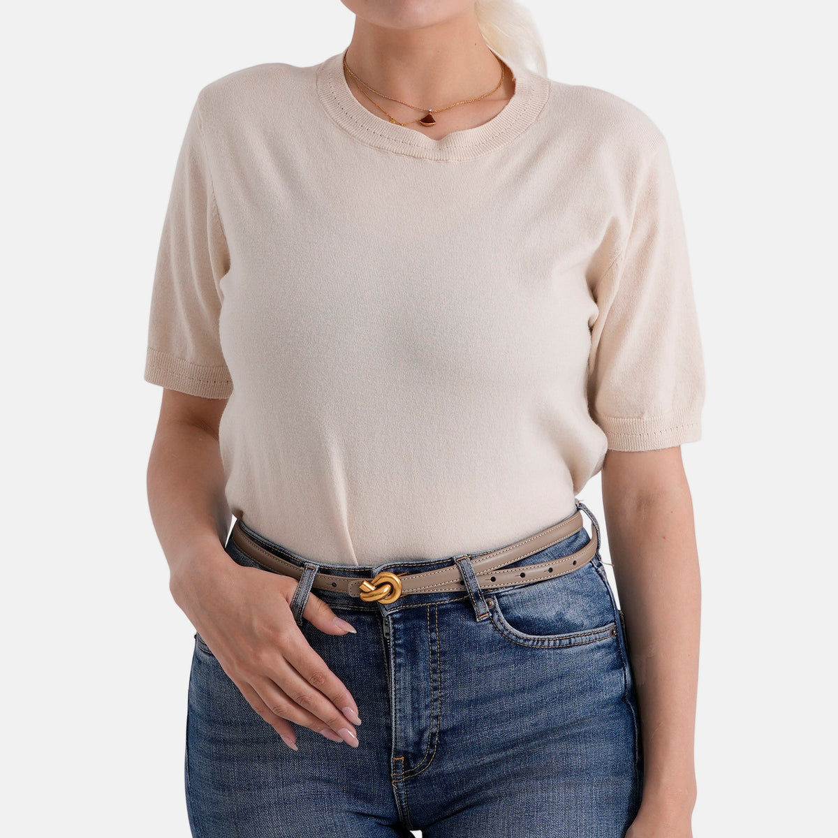 Genuine Leather Skinny Belt with Interlocking Gold Buckle (Size M, 107cm) - Beige V32519643 2