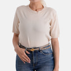 Genuine Leather Skinny Belt with Interlocking Gold Buckle (Size M, 107cm) - Beige_8526582_1