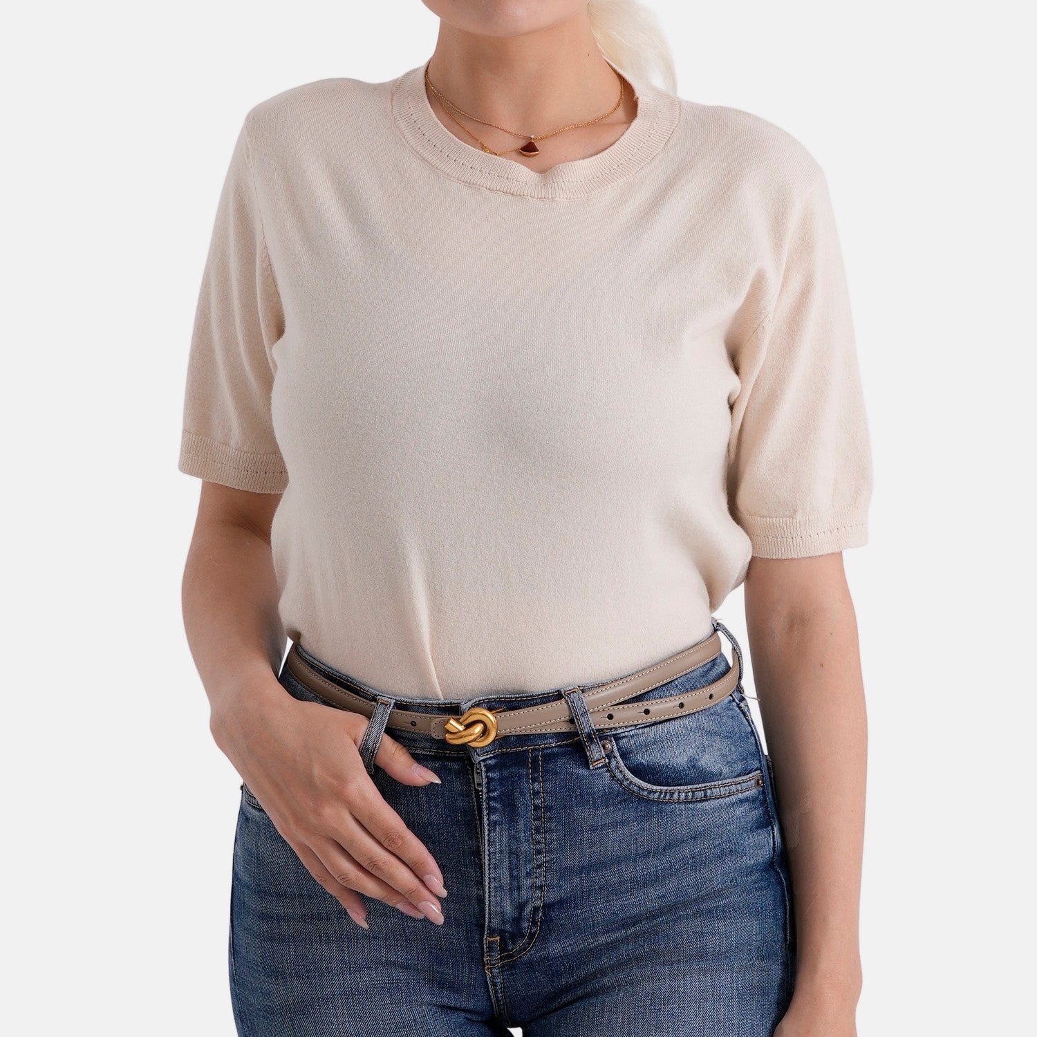 Genuine Leather Skinny Belt with Interlocking Gold Buckle (Size M, 107cm) - Beige V32519643 2