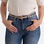 Genuine Leather Skinny Belt with Interlocking Gold Buckle (Size M, 107cm) - Beige_8526582_2
