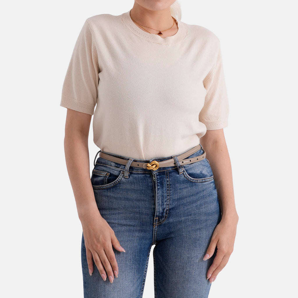Genuine Leather Skinny Belt with Interlocking Gold Buckle (Size L, 122cm) - Beige_8526583