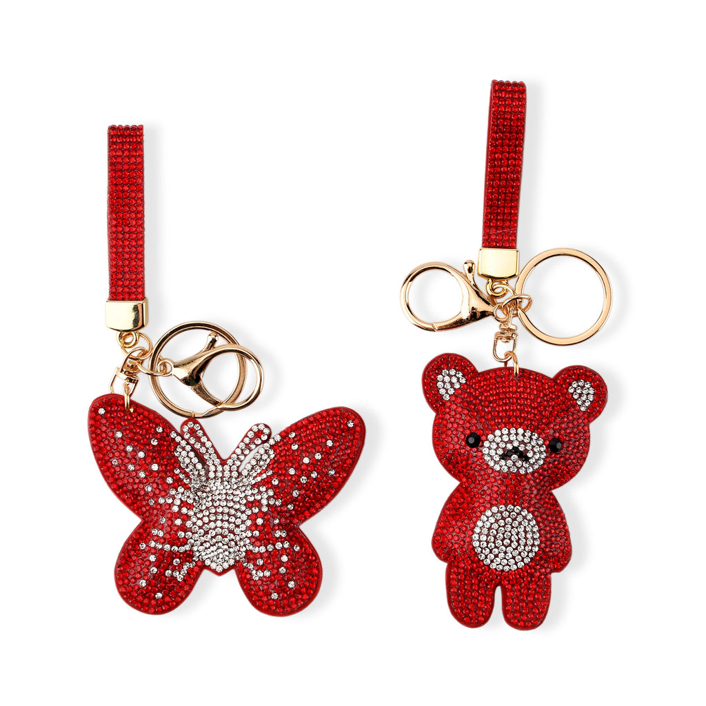 Set of 2 Crystal Embellished Butterfly and Teddy Bear Charms Keychains (17cm & 19cm) - Red_8526589