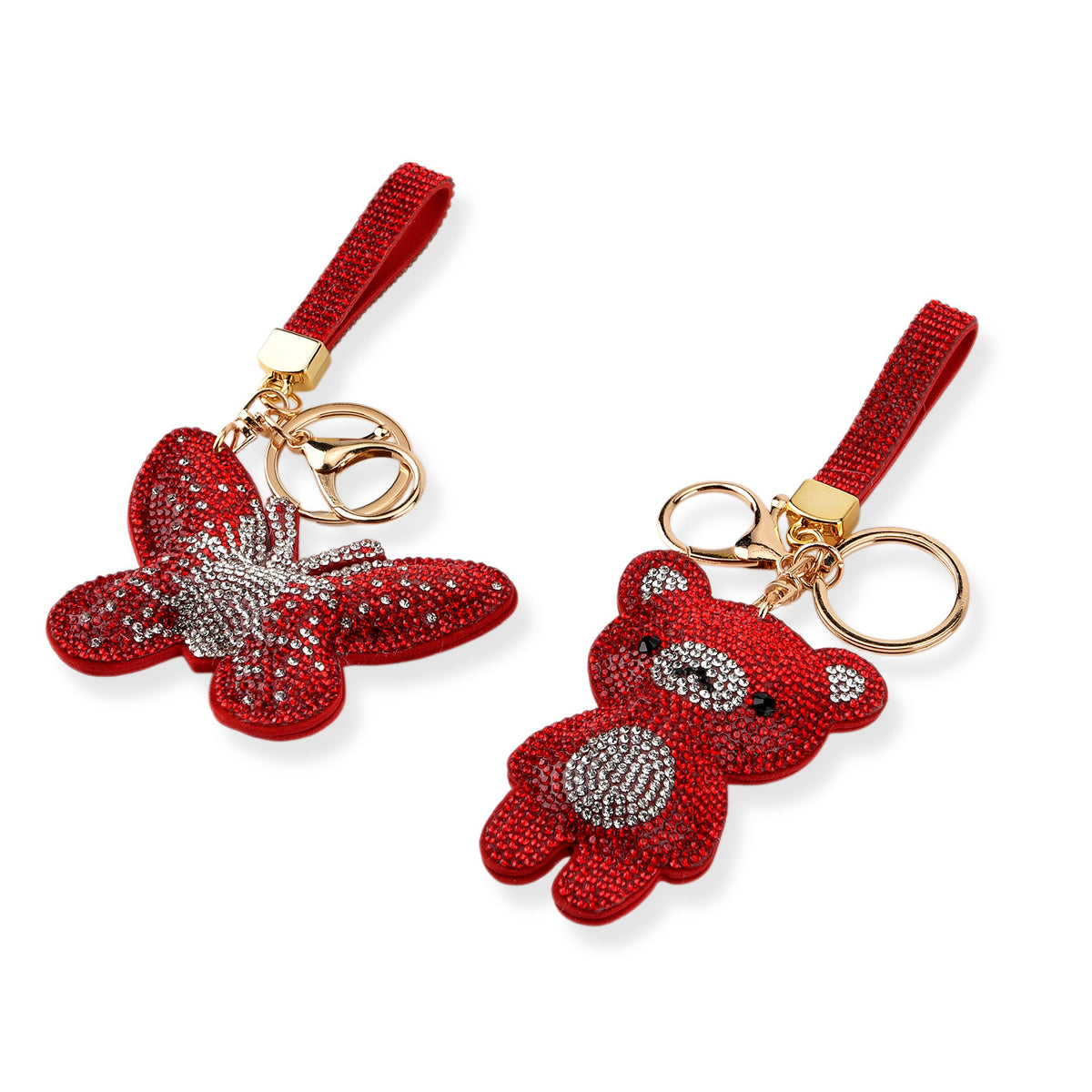 Set of 2 Crystal Embellished Butterfly and Teddy Bear Charms Keychains (17cm &amp; 19cm) - Red V32622307 2