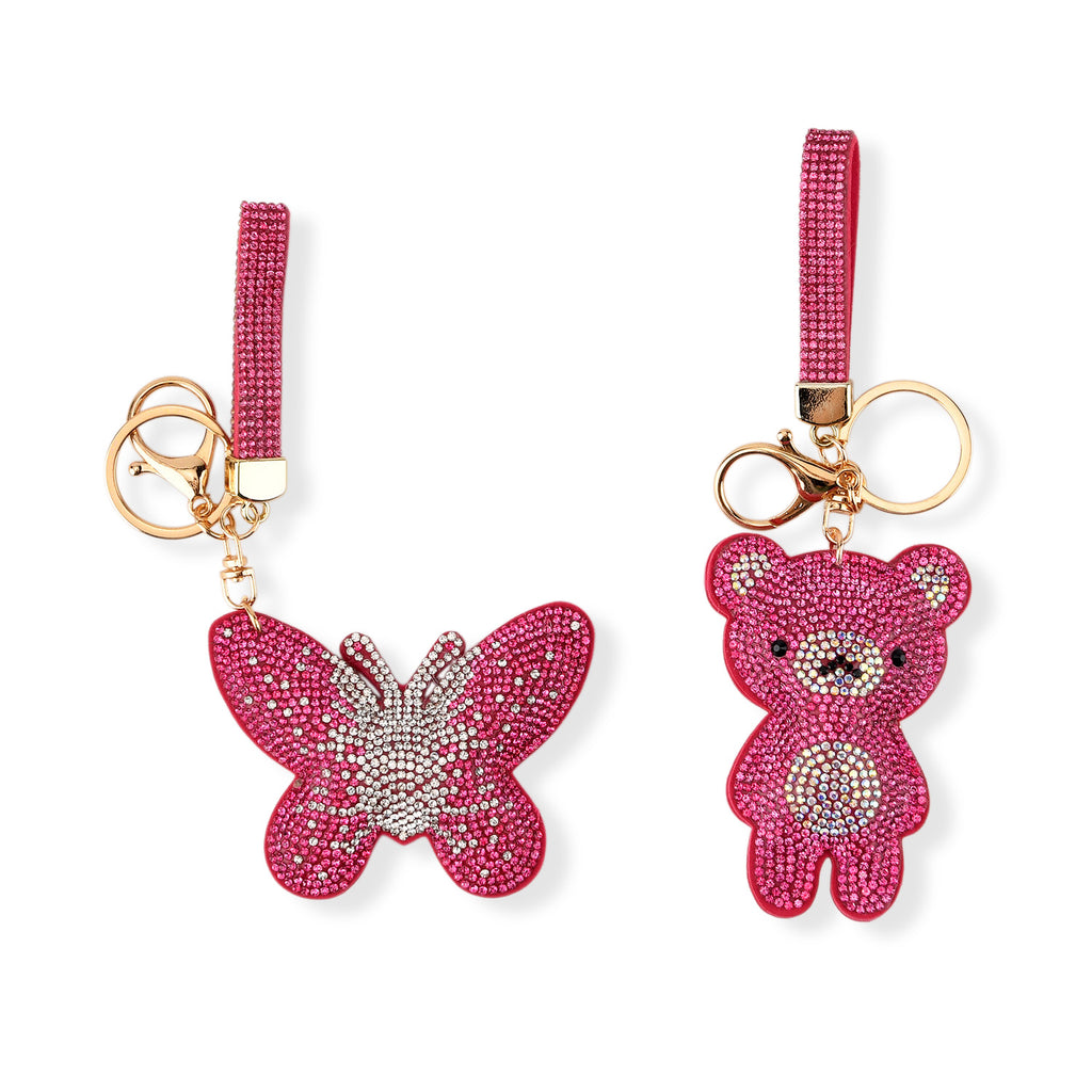 Set of 2 Crystal Embellished Butterfly and Teddy Bear Charms Keychains (17cm & 19cm) - Pink_8526590