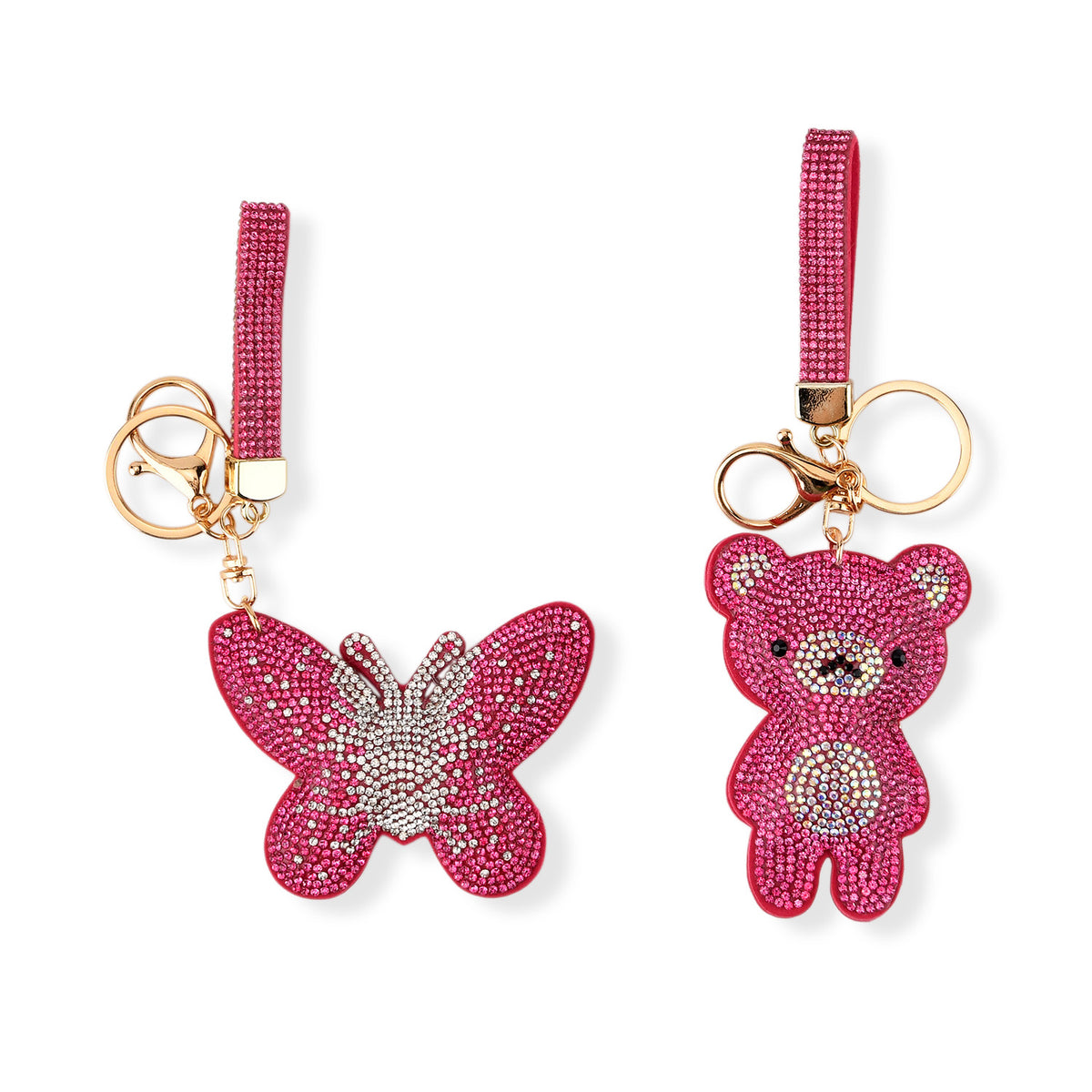 Set of 2 Crystal Embellished Butterfly and Teddy Bear Charms Keychains (17cm &amp; 19cm) - Pink V32621617 0