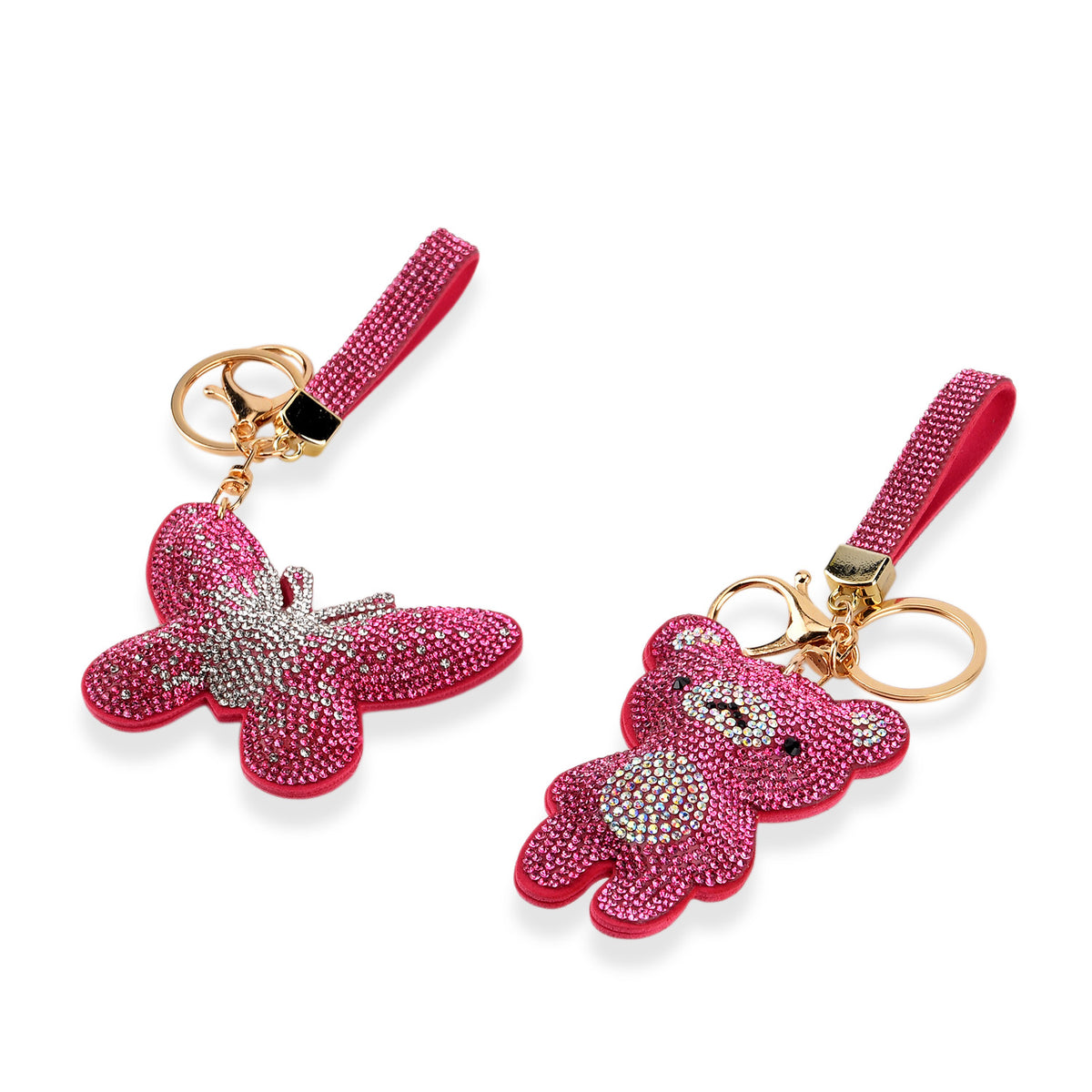Set of 2 Crystal Embellished Butterfly and Teddy Bear Charms Keychains (17cm &amp; 19cm) - Pink V32621617 2