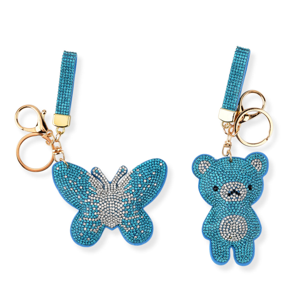 Set of 2 Crystal Embellished Butterfly and Teddy Bear Charms Keychains (17cm & 19cm) - Blue_8526591