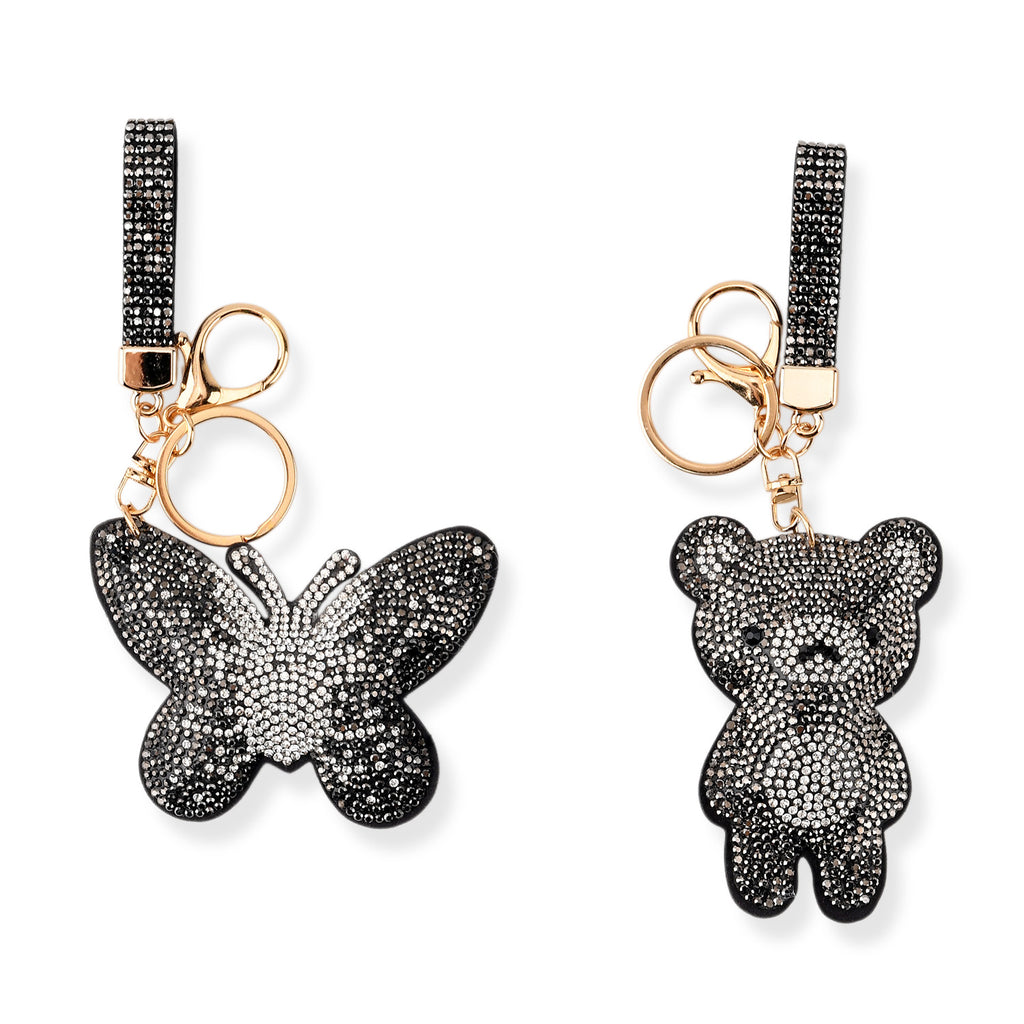 Set of 2 Crystal Embellished Butterfly and Teddy Bear Charms Keychains (17cm & 19cm) - Dark Grey_8526593