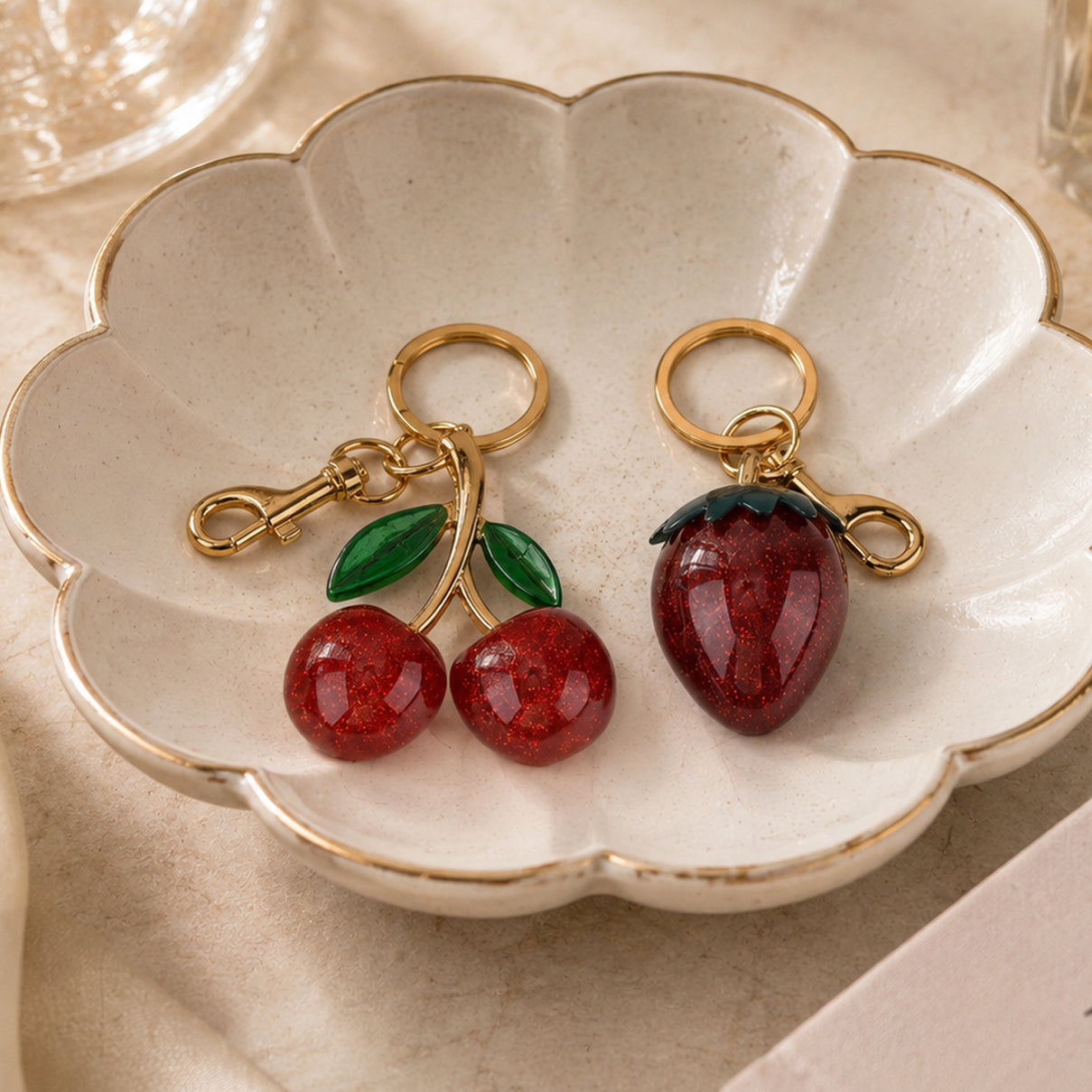 Set of 2  Rhinestone Keychain or Handbag Charm - Cherry and Strawberry - Red V32516273 2