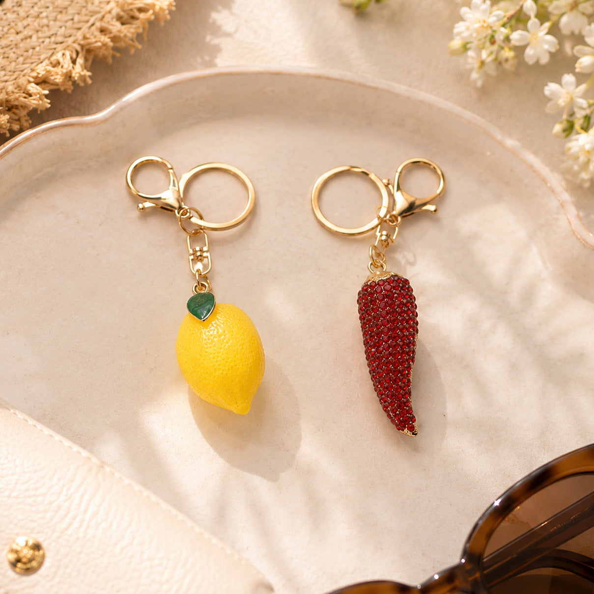 Set of 2  Rhinestone Keychain or Handbag Charm - Chili and Lemon - Yellow Red V32515868 2