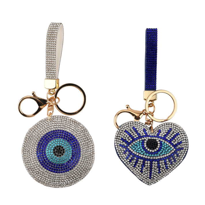 Set of 2 - Rhinestone Evil Eye Disc &amp; Heart Keyring Bag Charms - Navy &amp; White 8526608 1