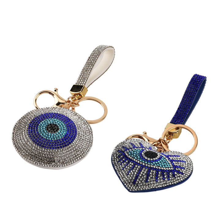 Set of 2 - Rhinestone Evil Eye Disc &amp; Heart Keyring Bag Charms - Navy &amp; White 8526608 2