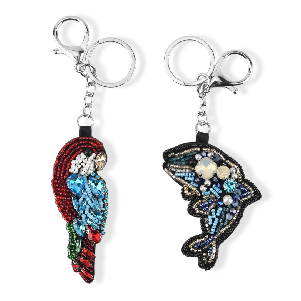 Set of 2 Beaded Parrot and Dolphin Charms Keychains (7.6cm & 15cm) - Black & Red_8526612
