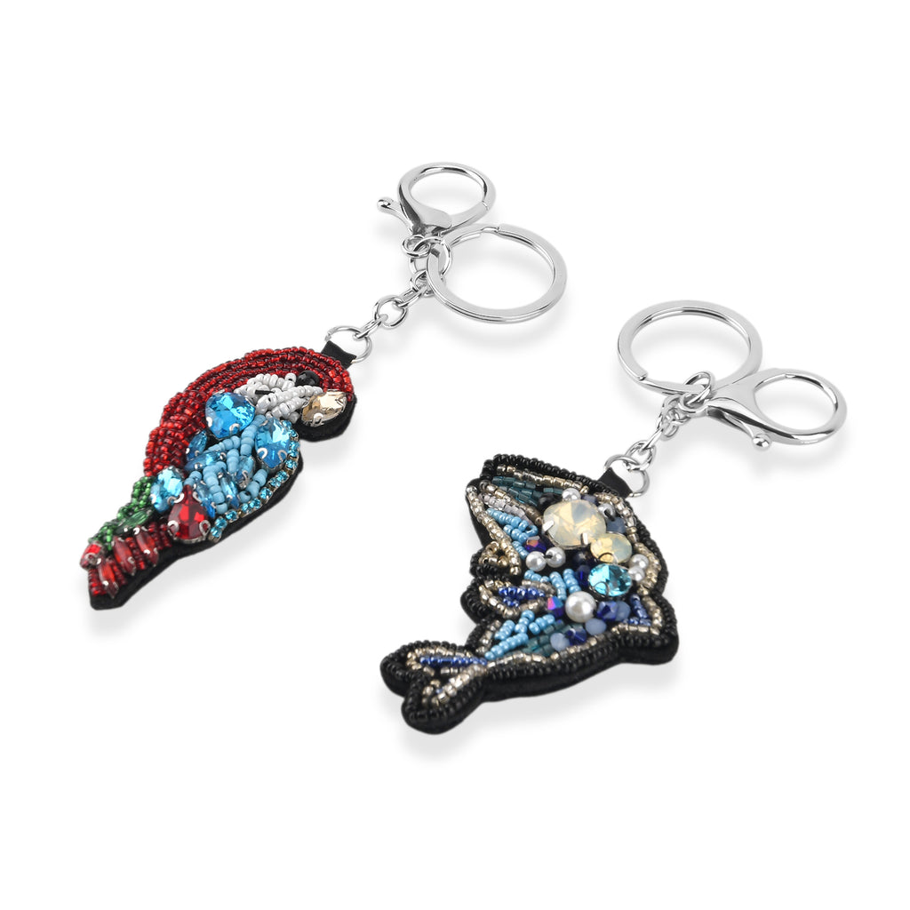 Set of 2 Beaded Parrot and Dolphin Charms Keychains (7.6cm & 15cm) - Black & Red_8526612_1