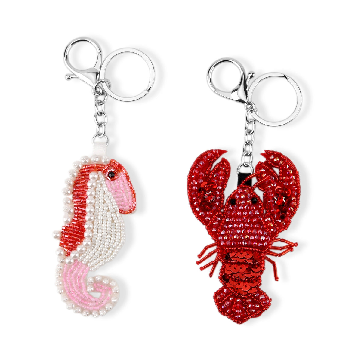 Set of 2 Beaded Seahorse and Lobster Charms Keychains (12cm) - Red &amp; White V32622188 0