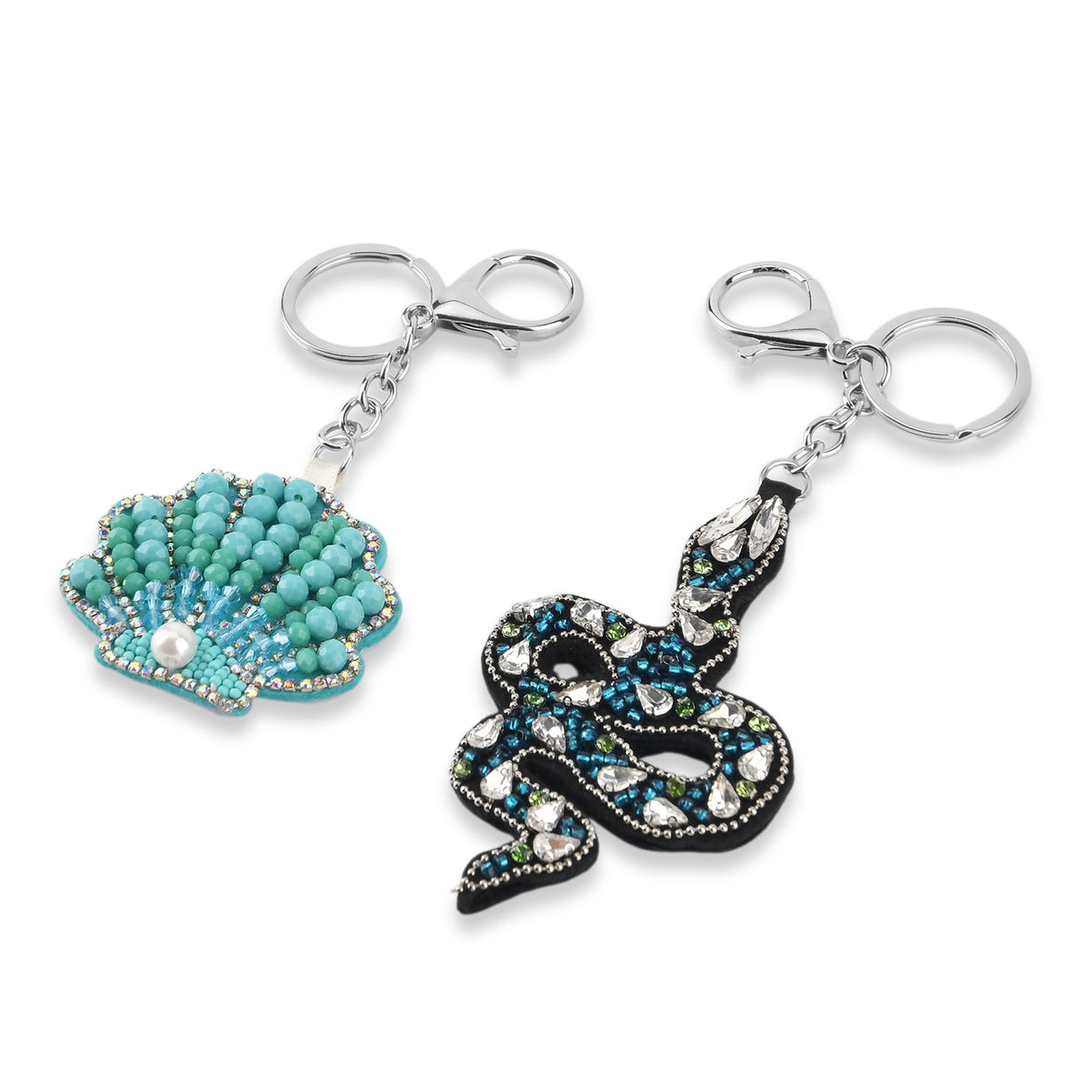Set of 2 Beaded Aqua Clam Shell &amp; Rhinestone-Encrusted Snake Charms Keychains (12cm) - Black &amp; Green V32621918 2