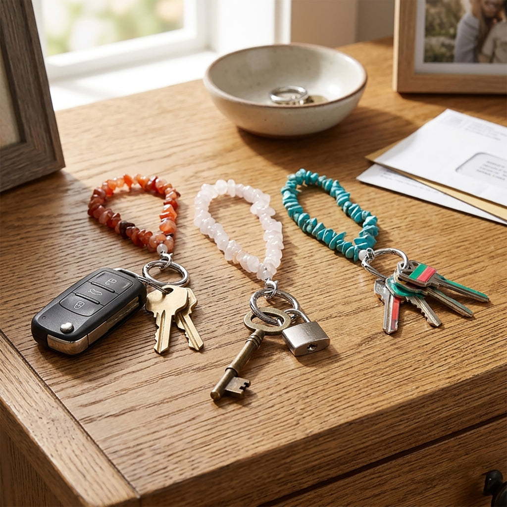 Set of 3 Natural Gemstone Key Chains - Carnelian, Rose Quartz & Howlite 350.00 Ct_8526620_1