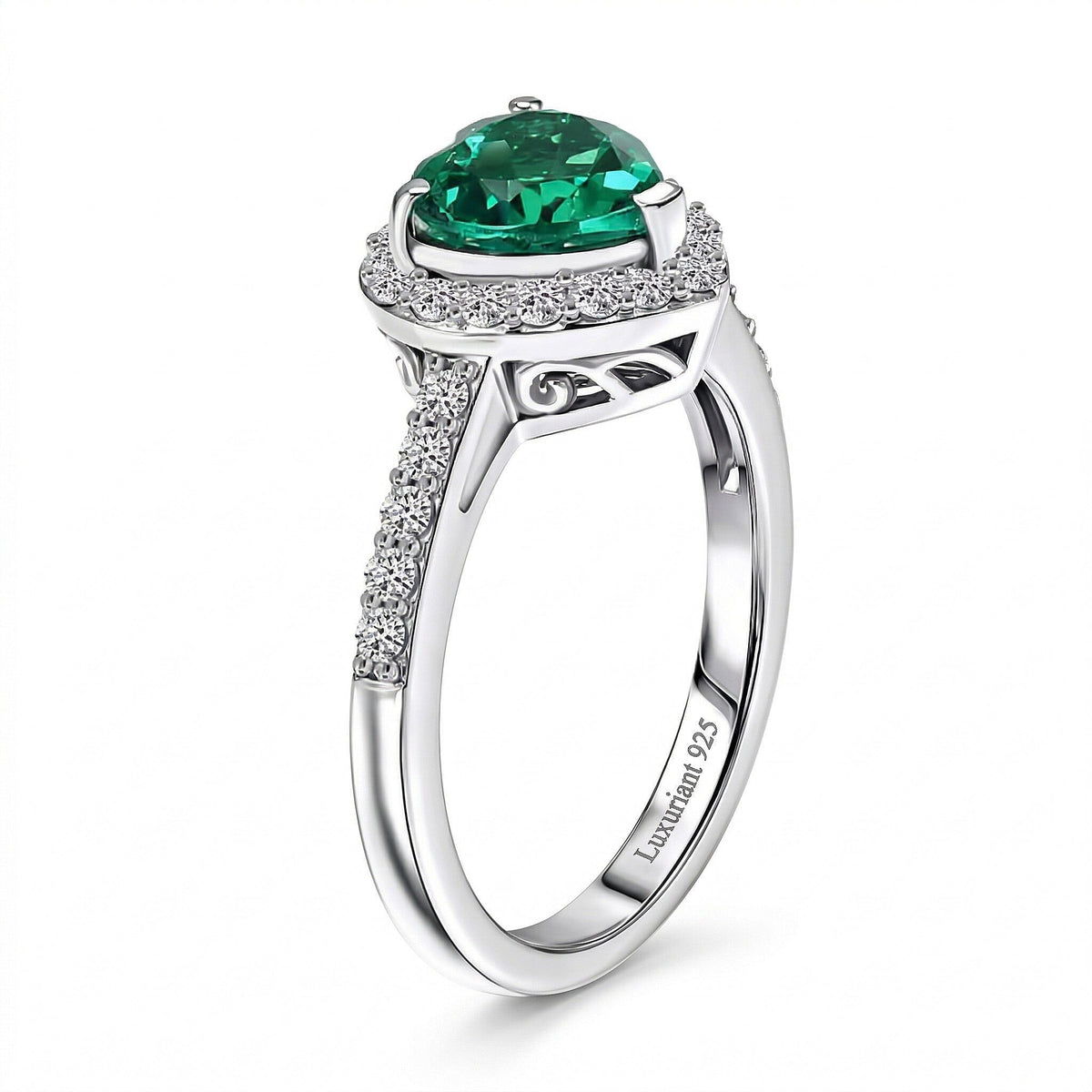 Luxuriant - Lab Grown AAAA Columbian Emerald and Lab Grown Diamond (SI-G/H ) Heart Ring in Rhodium Overlay Sterling Silver 1.35 Ct. V32598186 4