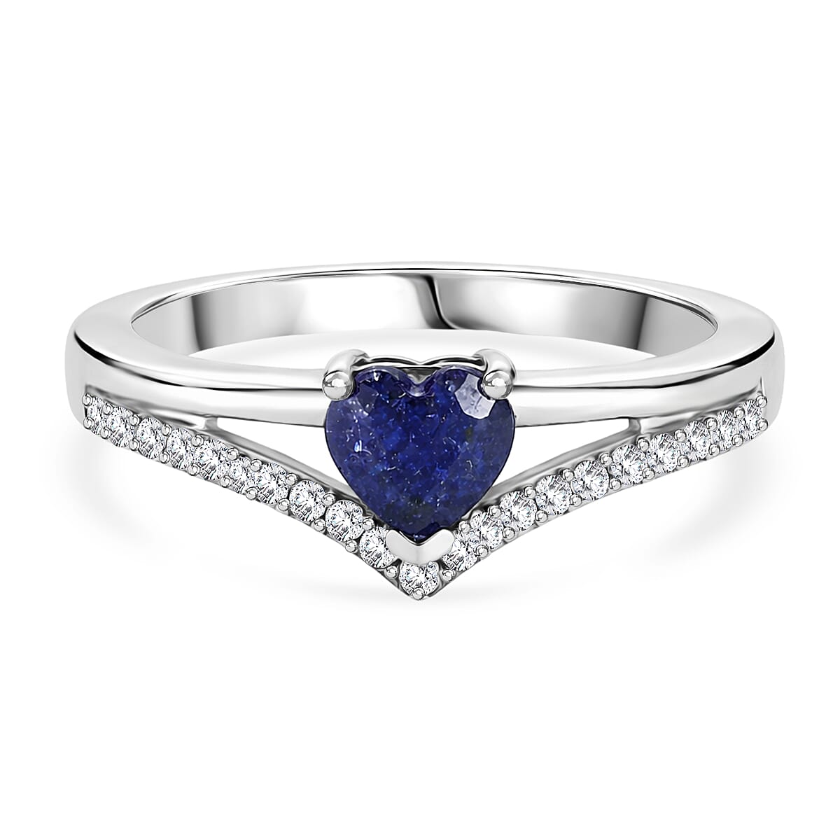 Royal Bali Collection - D'Joy Fissure Filled Blue Sapphire &amp; White Zircon Wishbone Heart Ring in Rhodium Overlay Sterling Silver 1.05 Ct. 8527118 0