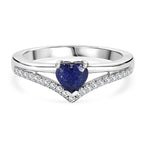 Royal Bali Collection - D'Joy Fissure Filled Blue Sapphire & White Zircon Wishbone Heart Ring in Rhodium Overlay Sterling Silver 1.05 Ct.