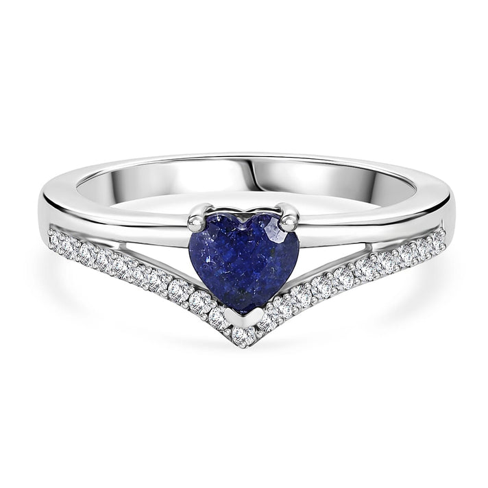 Royal Bali Collection - D'Joy Fissure Filled Blue Sapphire &amp; White Zircon Wishbone Heart Ring in Rhodium Overlay Sterling Silver 1.05 Ct. 8527118 1