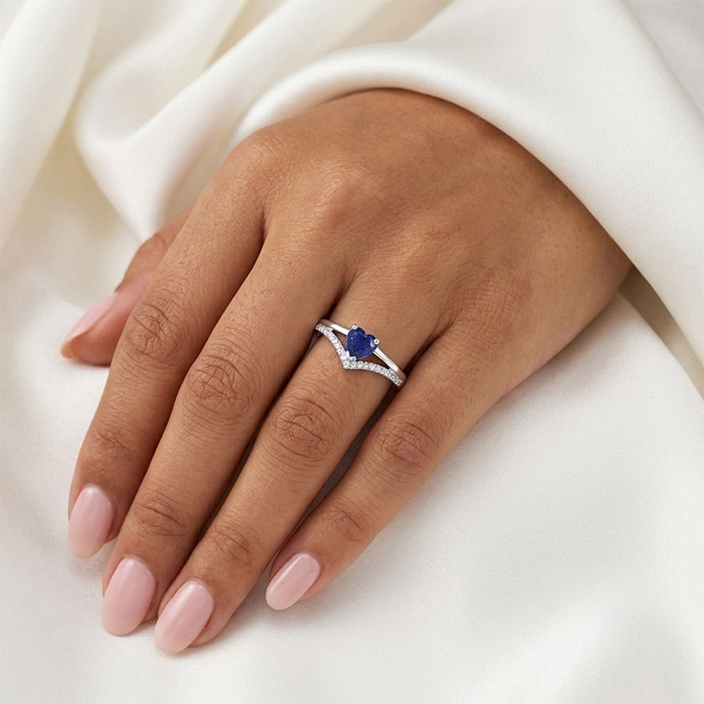 Royal Bali Collection - D'Joy Fissure Filled Blue Sapphire & White Zircon Wishbone Heart Ring in Rhodium Overlay Sterling Silver 1.05 Ct.