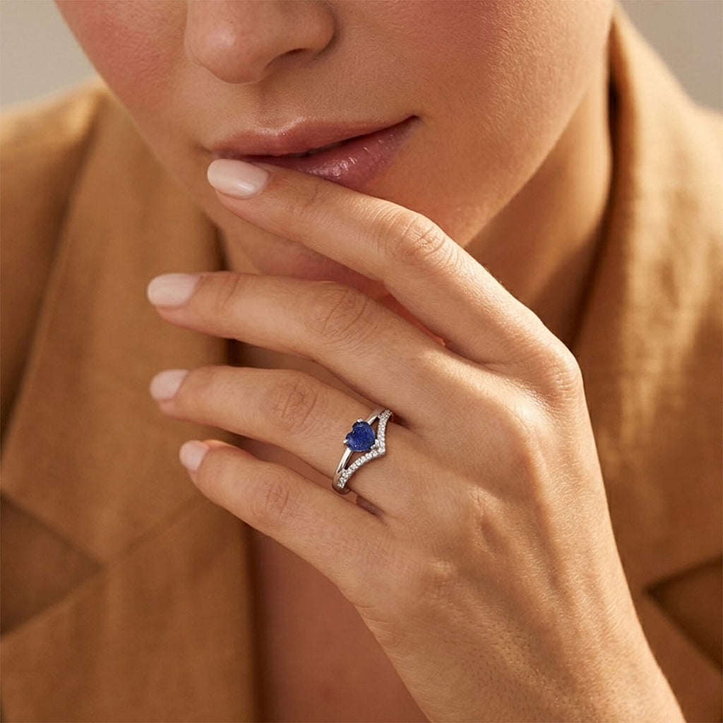 Royal Bali Collection - D'Joy Fissure Filled Blue Sapphire & White Zircon Wishbone Heart Ring in Rhodium Overlay Sterling Silver 1.05 Ct.