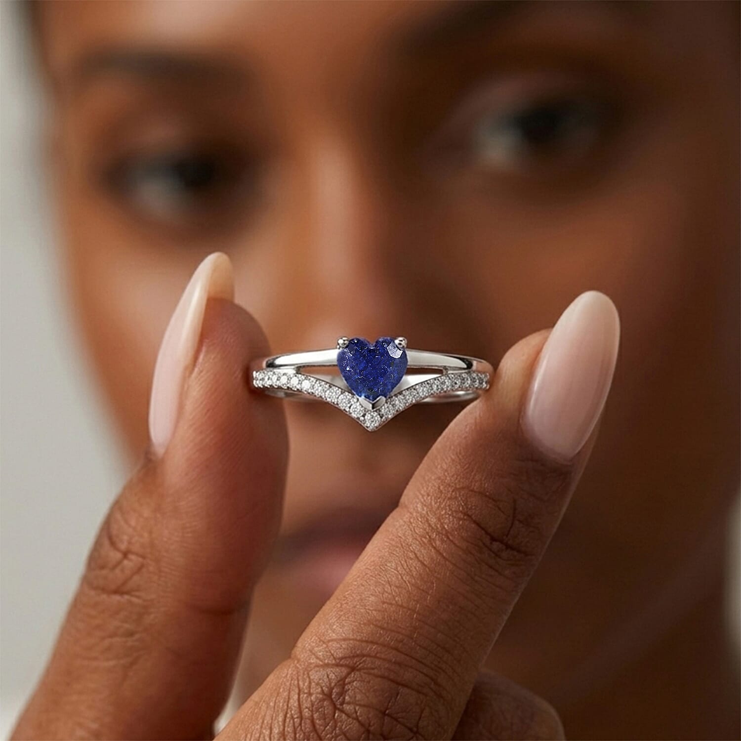 Royal Bali Collection - D'Joy Fissure Filled Blue Sapphire &amp; White Zircon Wishbone Heart Ring in Rhodium Overlay Sterling Silver 1.05 Ct. 8527118 4