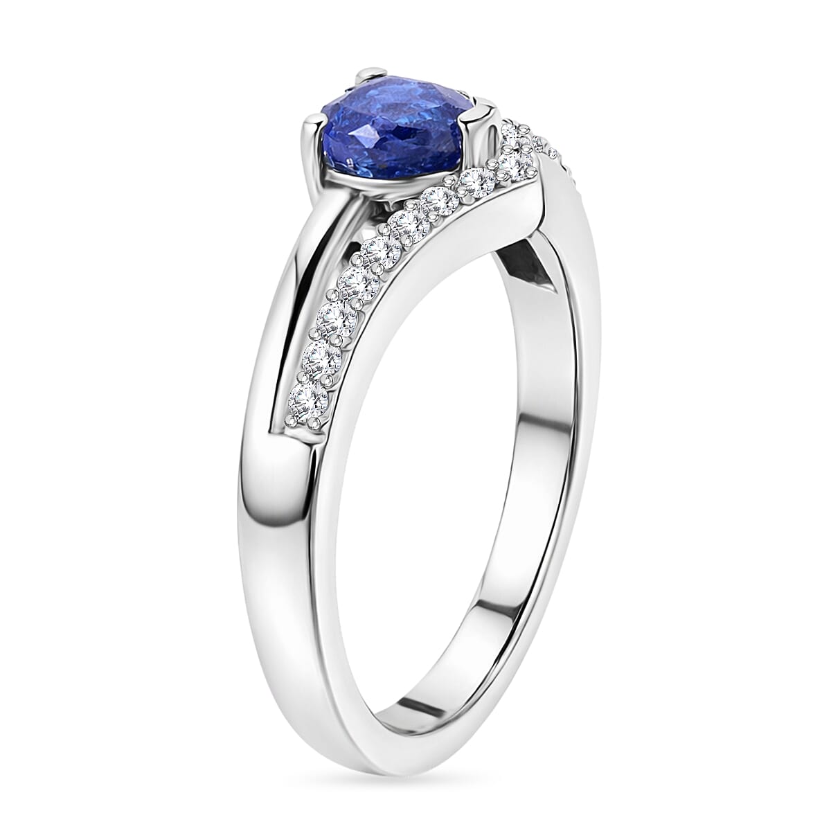 Royal Bali Collection - D'Joy Fissure Filled Blue Sapphire &amp; White Zircon Wishbone Heart Ring in Rhodium Overlay Sterling Silver 1.05 Ct. 8527118 6