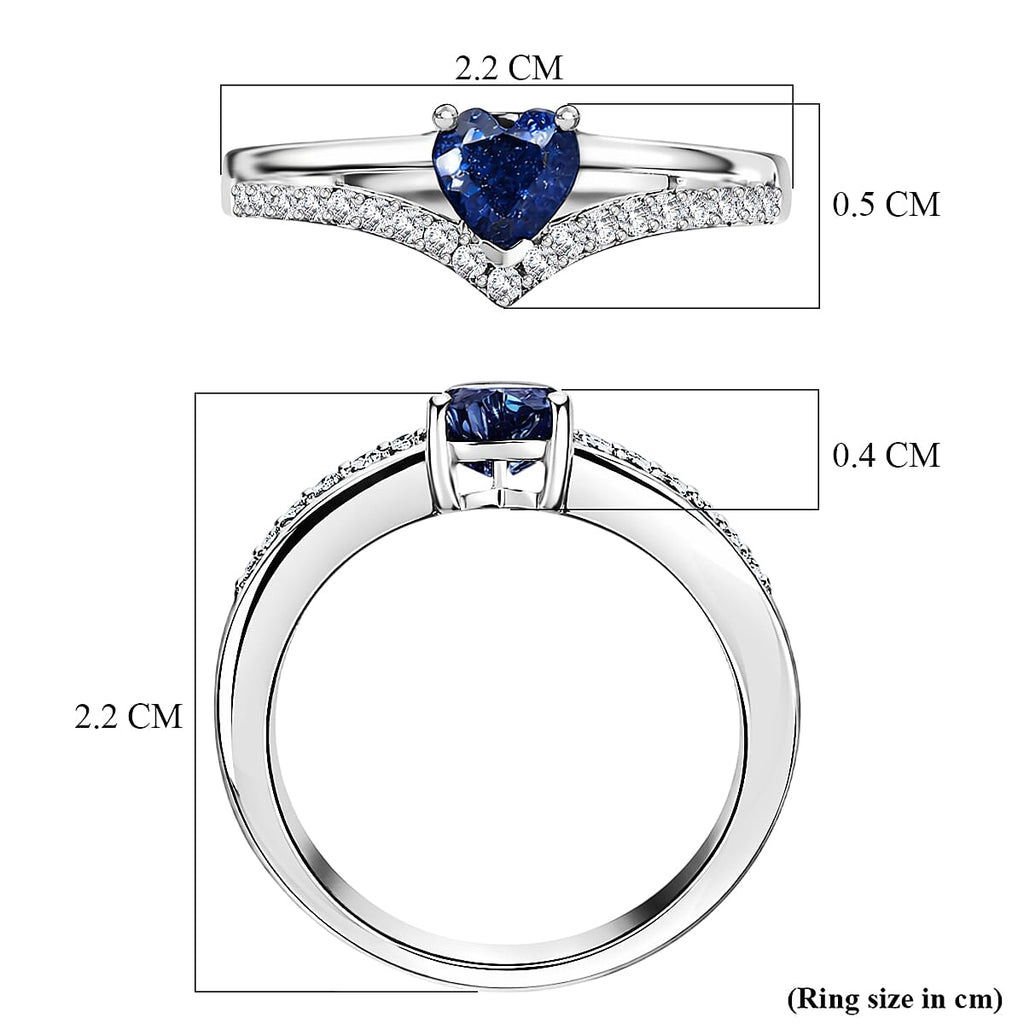 Royal Bali Collection - D'Joy Fissure Filled Blue Sapphire & White Zircon Wishbone Heart Ring in Rhodium Overlay Sterling Silver 1.05 Ct.