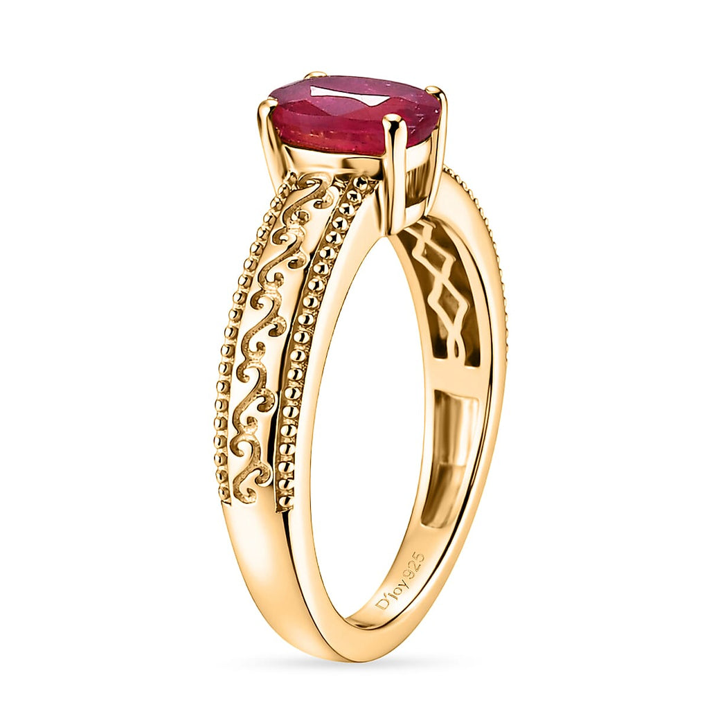 Royal Bali Collection - D'Joy African Ruby Solitaire Ring in 18K Vermeil Yellow Gold Plated Sterling Silver 1.15 Ct.