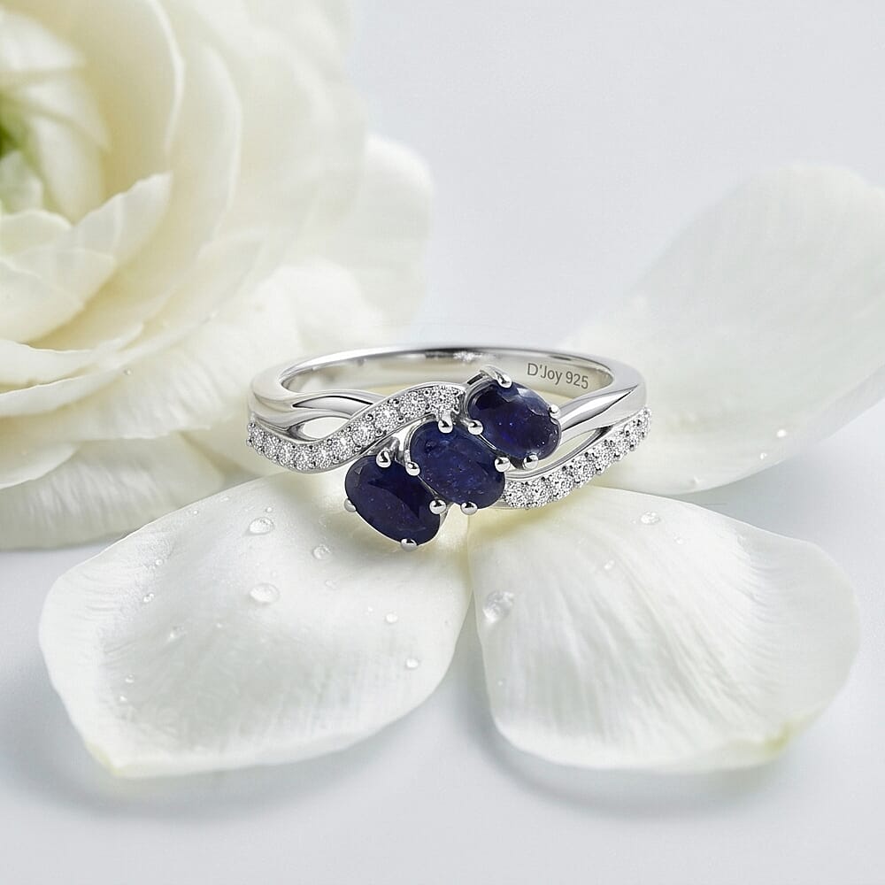 Royal Bali Collection - D'Joy Fissure Filled Blue Sapphire &amp; White Zircon Trilogy Ring in Rhodium Overlay Sterling Silver 1.43 Ct. 8527215 5