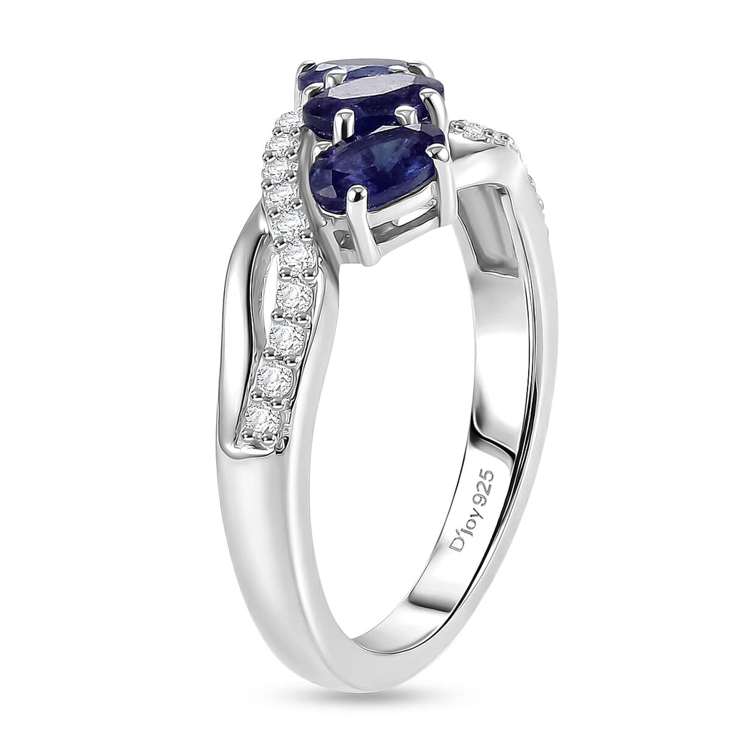 Royal Bali Collection - D'Joy Fissure Filled Blue Sapphire & White Zircon Trilogy Ring in Rhodium Overlay Sterling Silver 1.43 Ct.