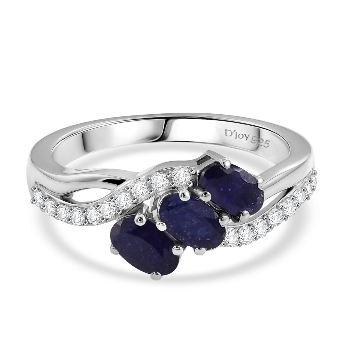 D'Joy Fissure Filled Blue Sapphire &amp; White Zircon Trilogy Ring in Rhodium Overlay Sterling Silver 1.43 Ct. V32530659 0