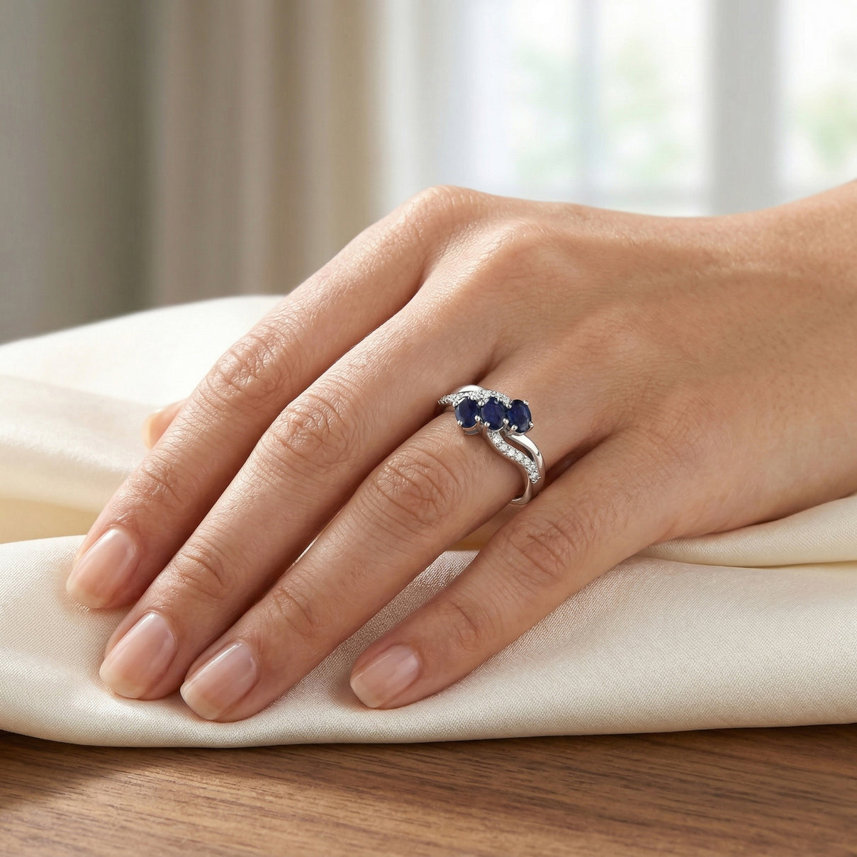 D'Joy Fissure Filled Blue Sapphire &amp; White Zircon Trilogy Ring in Rhodium Overlay Sterling Silver 1.43 Ct. V32530659 2