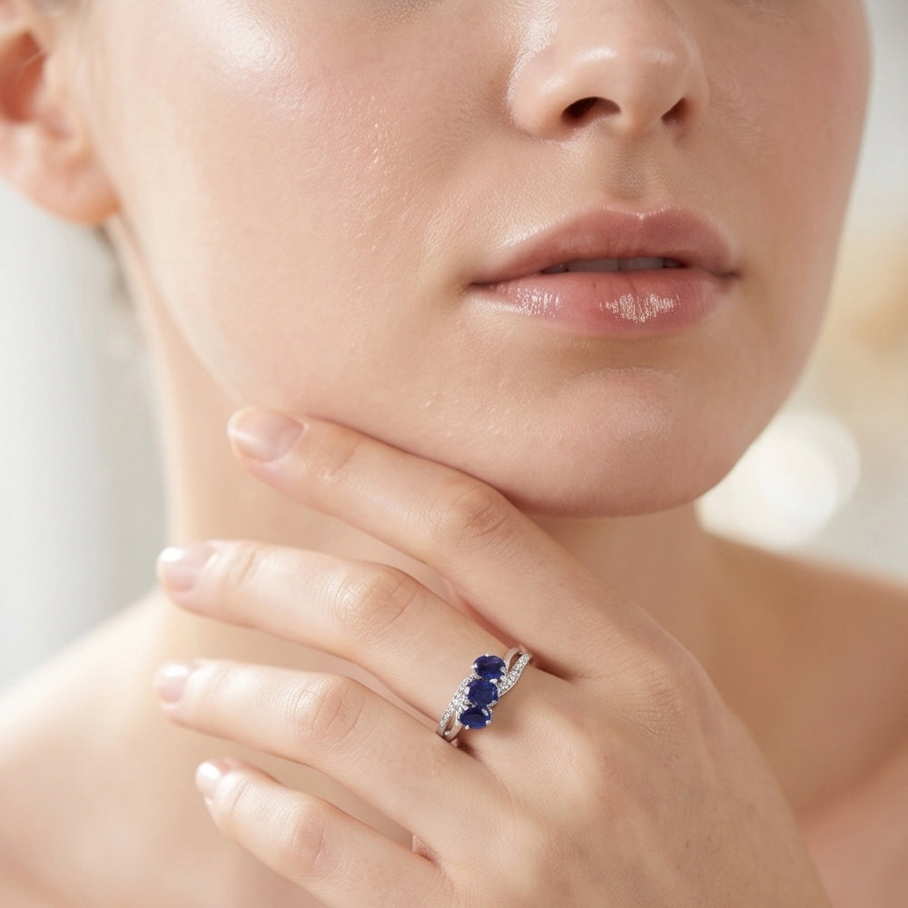 Royal Bali Collection - D'Joy Fissure Filled Blue Sapphire & White Zircon Trilogy Ring in Rhodium Overlay Sterling Silver 1.43 Ct._8527217_2