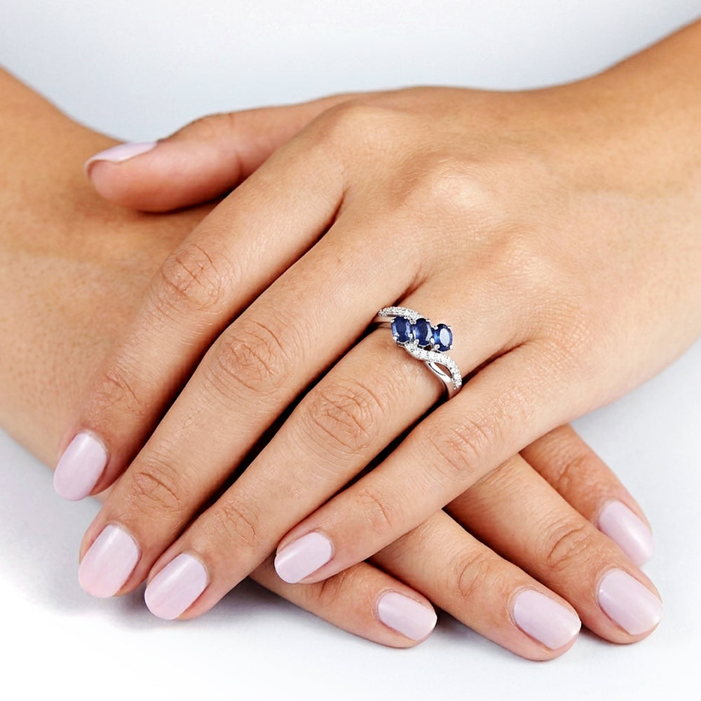 D'Joy Fissure Filled Blue Sapphire &amp; White Zircon Trilogy Ring in Rhodium Overlay Sterling Silver 1.43 Ct. V32530659 4