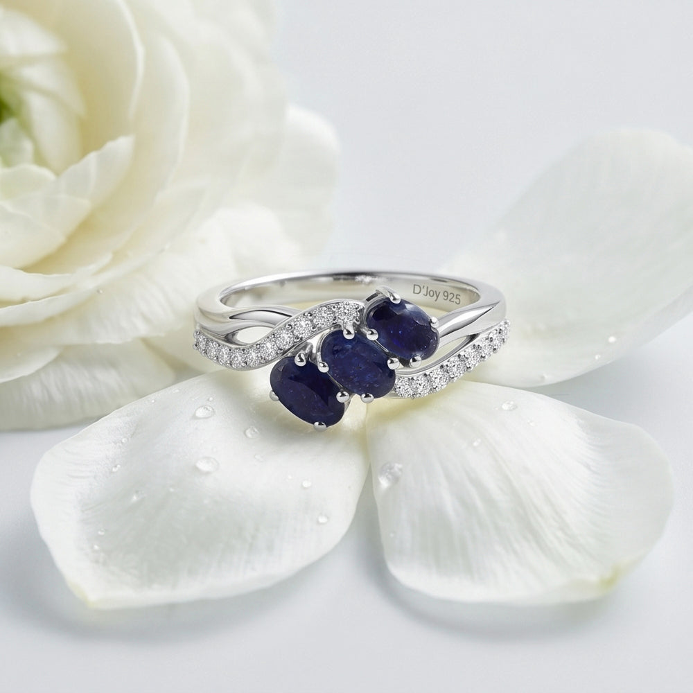 D'Joy Fissure Filled Blue Sapphire &amp; White Zircon Trilogy Ring in Rhodium Overlay Sterling Silver 1.43 Ct. V32530659 5