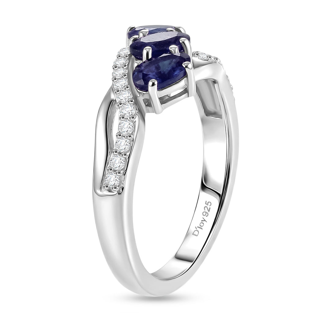 Royal Bali Collection - D'Joy Fissure Filled Blue Sapphire & White Zircon Trilogy Ring in Rhodium Overlay Sterling Silver 1.43 Ct._8527217_5