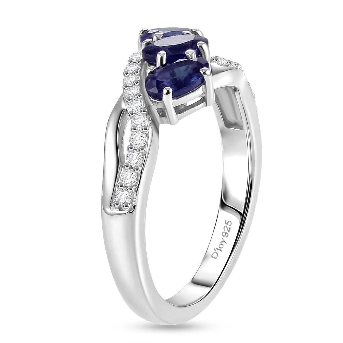 D'Joy Fissure Filled Blue Sapphire &amp; White Zircon Trilogy Ring in Rhodium Overlay Sterling Silver 1.43 Ct. V32530659 6