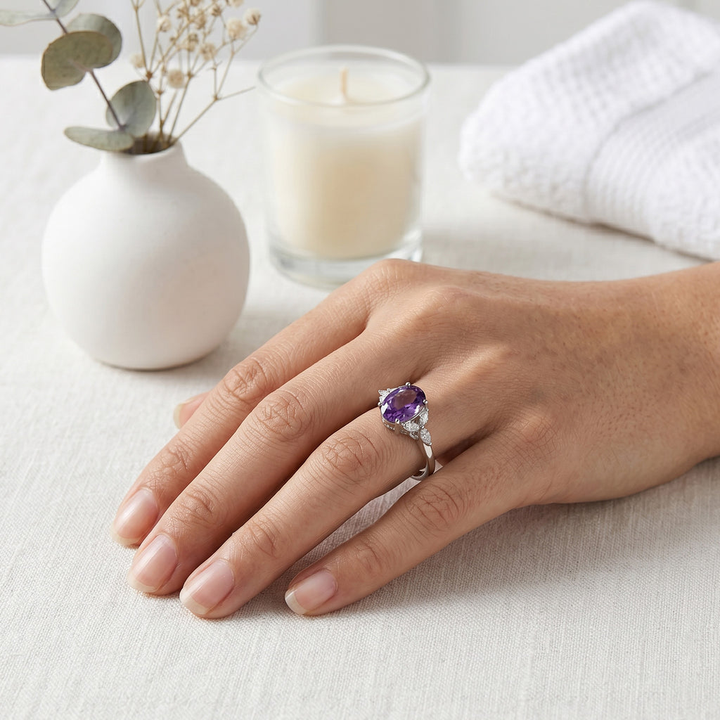 Royal Bali Collection - D'Joy African Amethyst & Moissanite Ring in Rhodium Overlay Sterling Silver 3.64 Ct._8527273_1