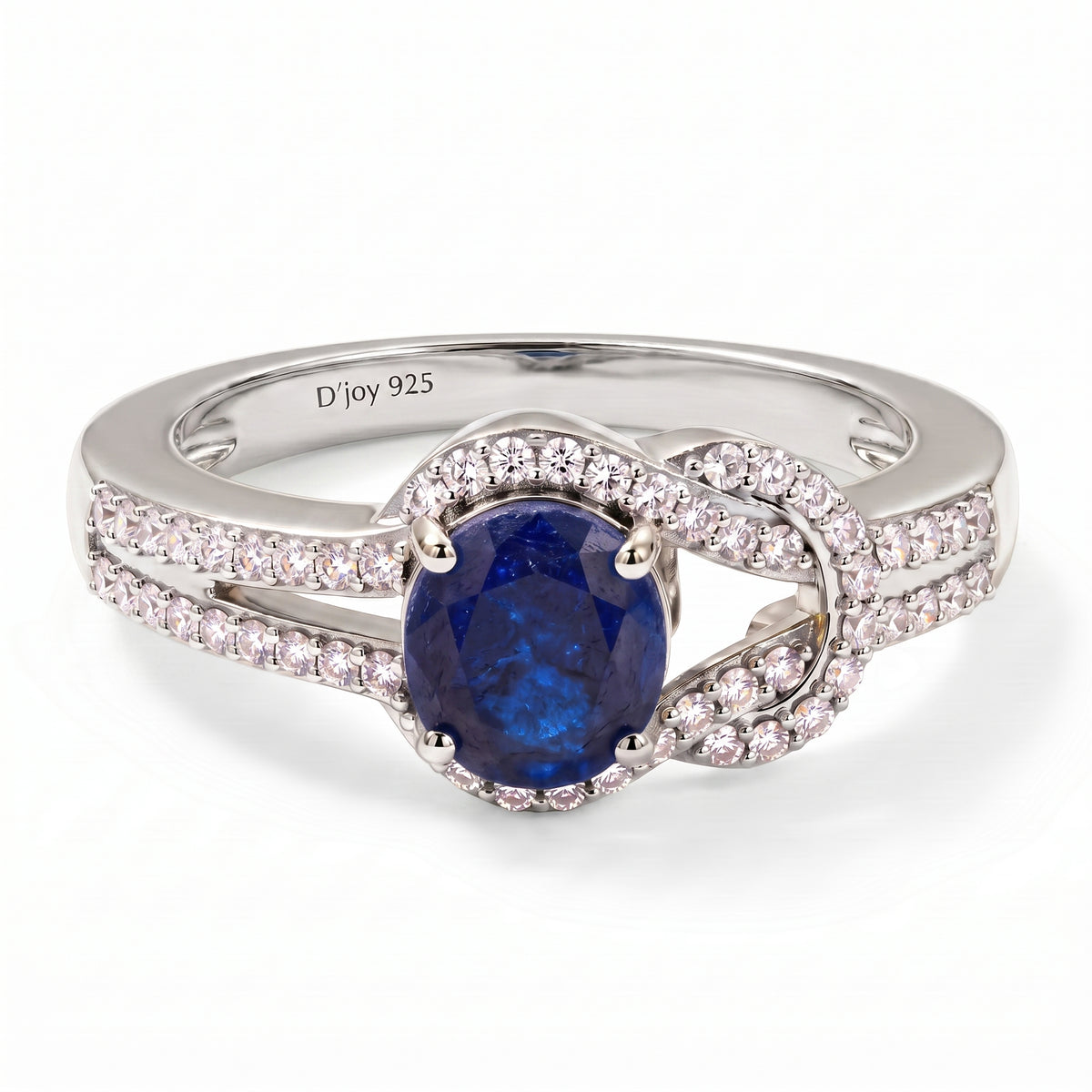 D'Joy Fissure Filled Blue Sapphire and White Zircon Solitaire Knot Ring in Rhodium Overlay Sterling Silver 1.92 Ct. V32553098 0