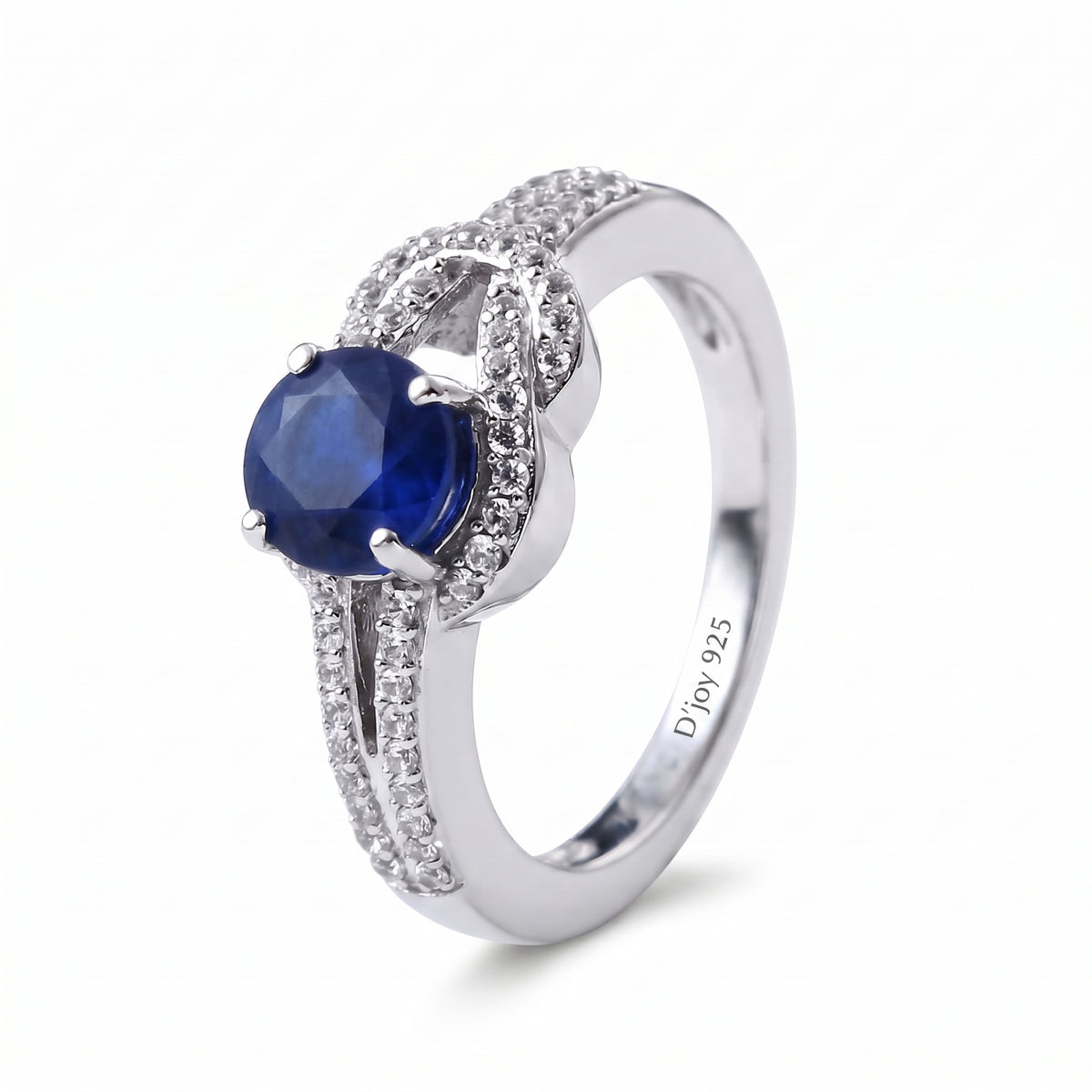 D'Joy Fissure Filled Blue Sapphire and White Zircon Solitaire Knot Ring in Rhodium Overlay Sterling Silver 1.92 Ct. V32553098 3