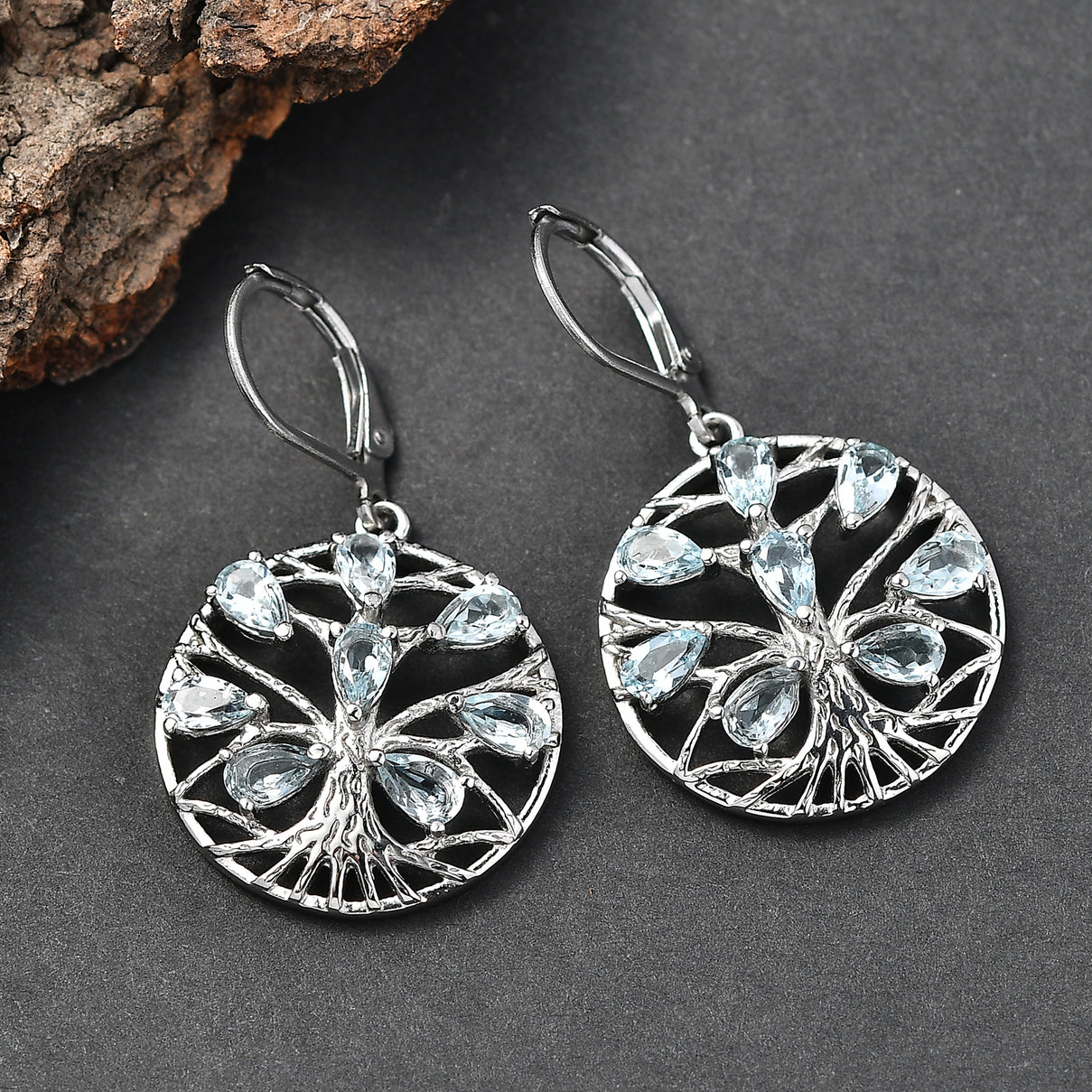 EverTrue - Skyblue Topaz Tree of Life Earring with Lever Back 3.90 Ct. V32520947 3