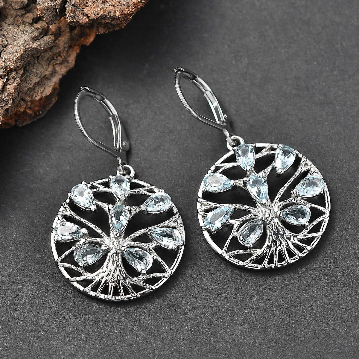 EverTrue - Skyblue Topaz Tree of Life Earring with Lever Back 3.90 Ct. V32520947 3